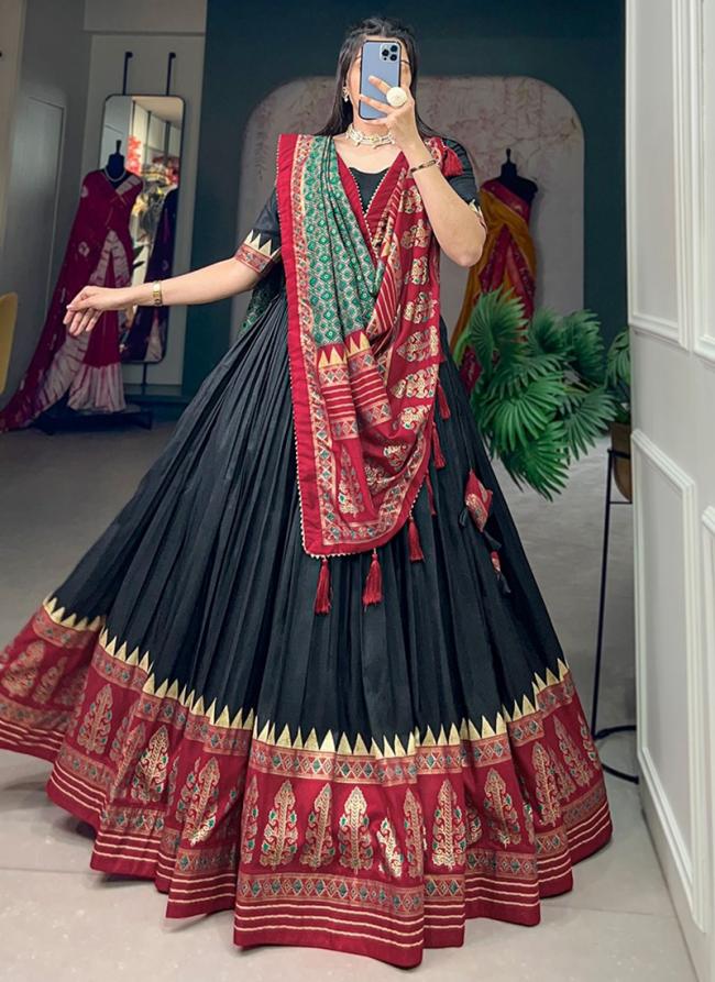 Tussar Silk Black Festival Wear Foil Printed Lehenga Choli